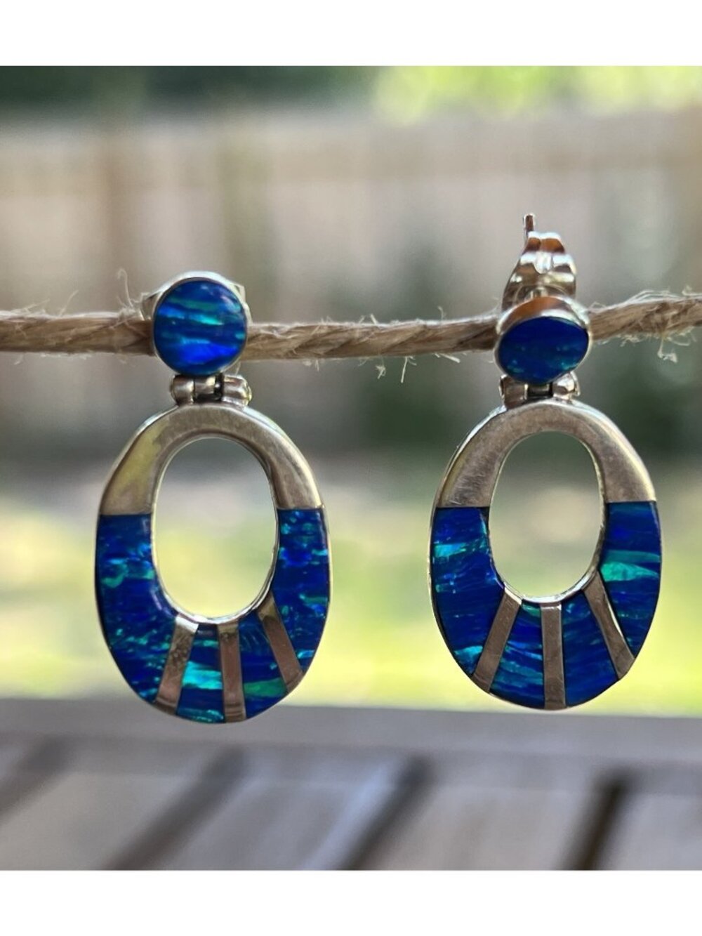 Handcrafted Sterling Silver 950 Blue Opal Dangle Earrings